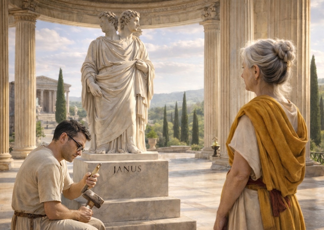 Das Setting ist antik römisch: Ein Steinmetz beschriftet gerade eine Statue des Gottes Janus. Eine Frau, die die Fans von Lektorat Unker bereits als fiktive Kursteilnehmerin kennen, sieht zu. Lustiges Detail: Der Steinmetz trägt eine Brille und erinnert ganz vage an den Lektorenausbilder Evgenij Unker. Das Bild ist KI-generiert.